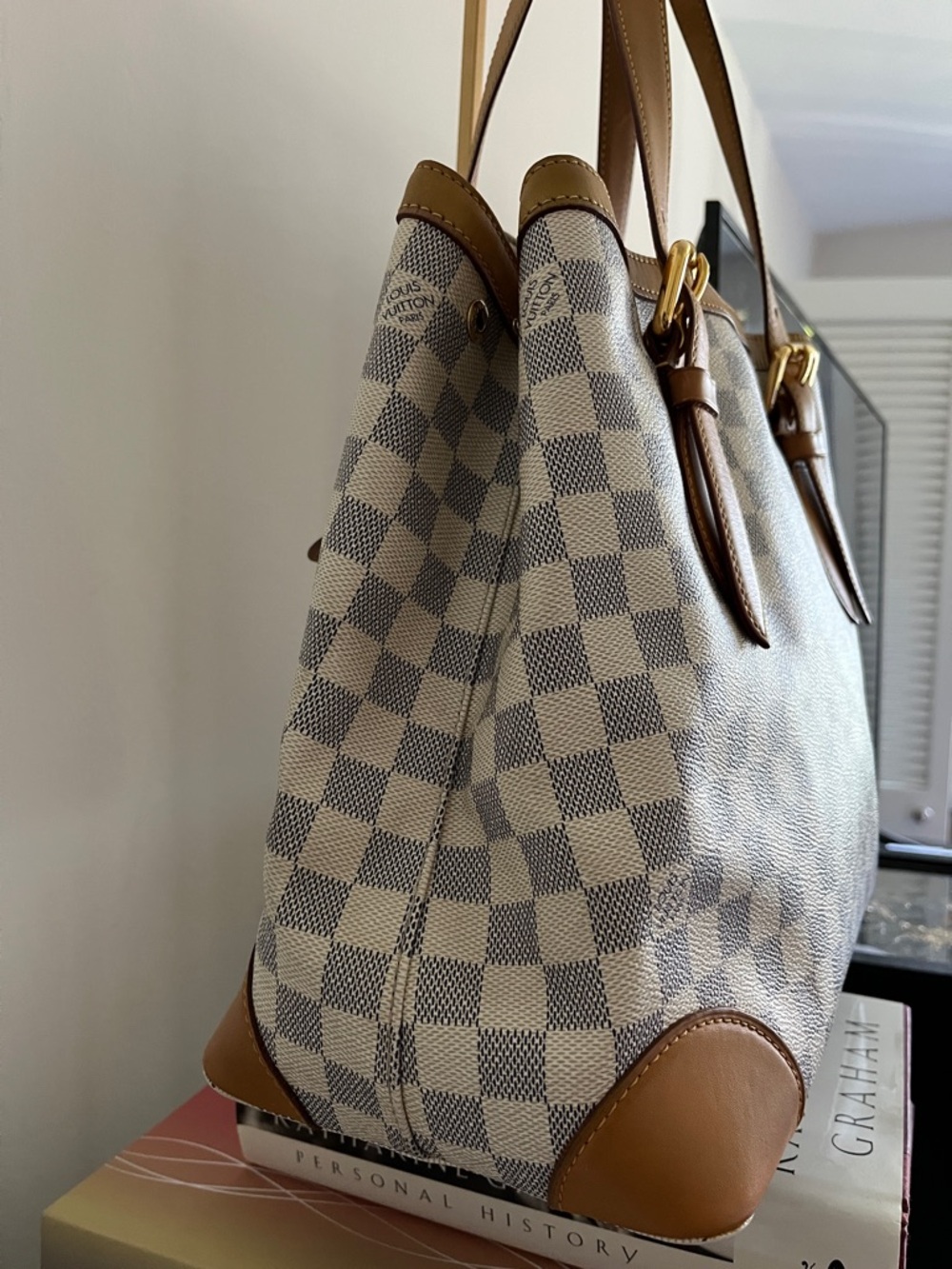 Damier Azur Hamptead MM leather Tote with Tan Leather Trims - Picture 6 of 15
